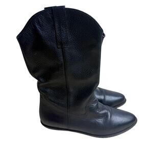 VINTAGE NINE WEST Women's Size 7 Pebbled Leather Flat Cowboy Boot Black Pull On